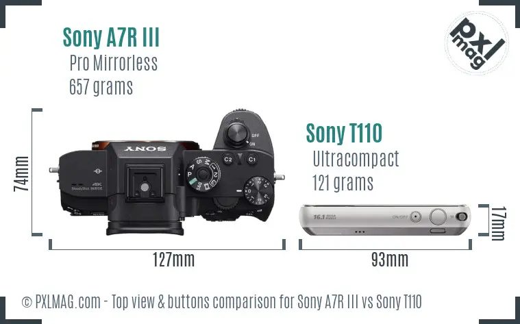 Sony A7R III vs Sony T110 top view buttons comparison