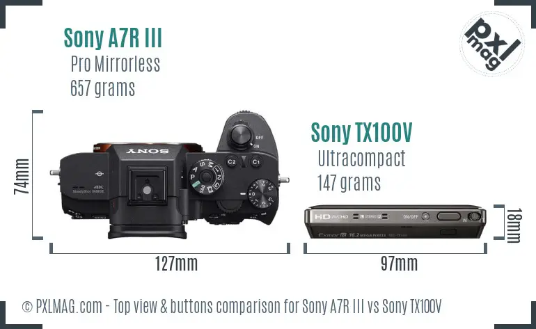 Sony A7R III vs Sony TX100V top view buttons comparison
