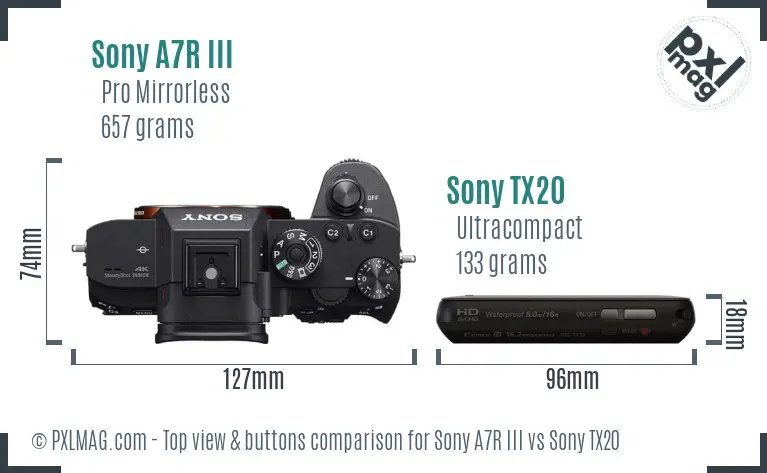 Sony A7R III vs Sony TX20 top view buttons comparison
