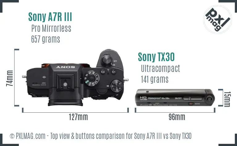 Sony A7R III vs Sony TX30 top view buttons comparison