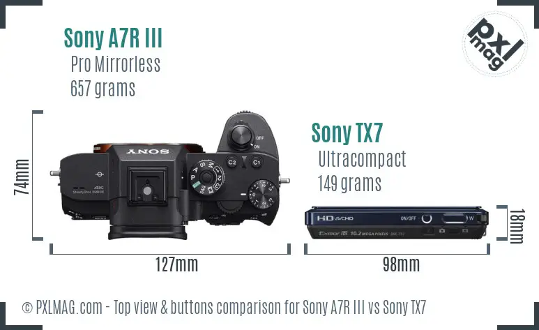 Sony A7R III vs Sony TX7 top view buttons comparison