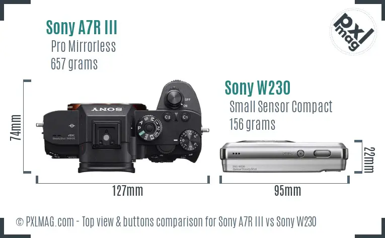 Sony A7R III vs Sony W230 top view buttons comparison