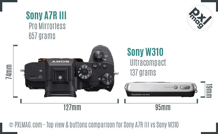 Sony A7R III vs Sony W310 top view buttons comparison