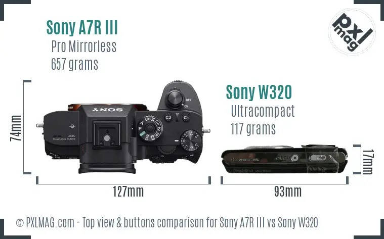 Sony A7R III vs Sony W320 top view buttons comparison