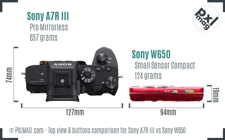 Sony A7R III vs Sony W650 top view buttons comparison