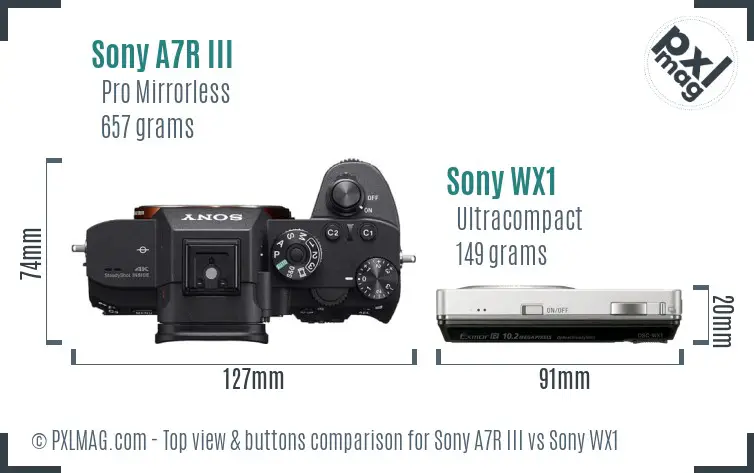 Sony A7R III vs Sony WX1 top view buttons comparison