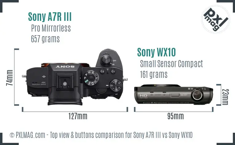 Sony A7R III vs Sony WX10 top view buttons comparison
