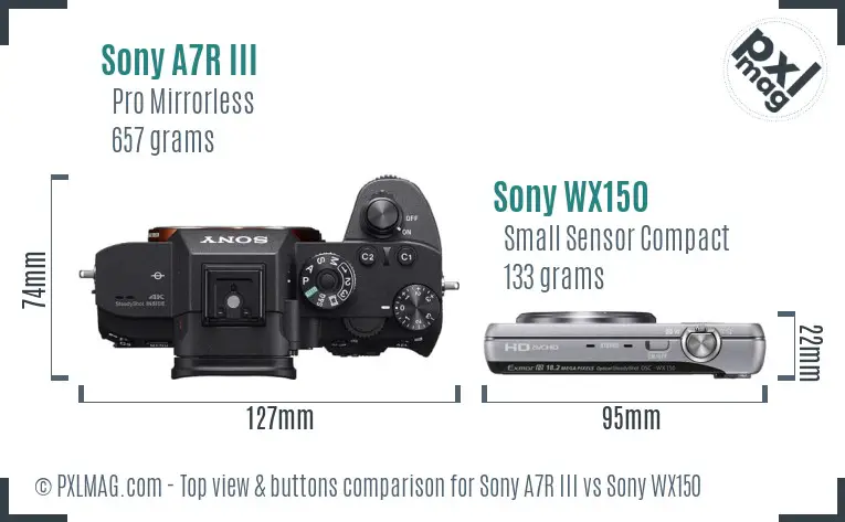 Sony A7R III vs Sony WX150 top view buttons comparison