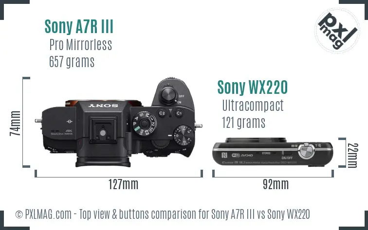 Sony A7R III vs Sony WX220 top view buttons comparison