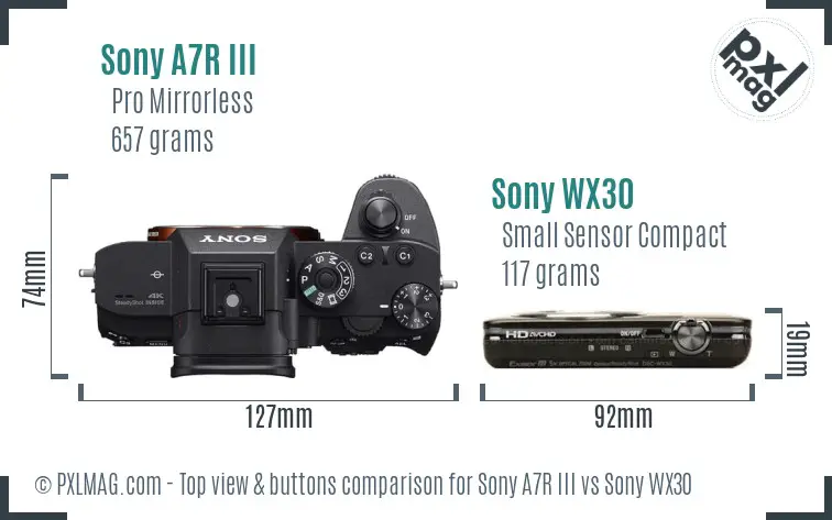 Sony A7R III vs Sony WX30 top view buttons comparison