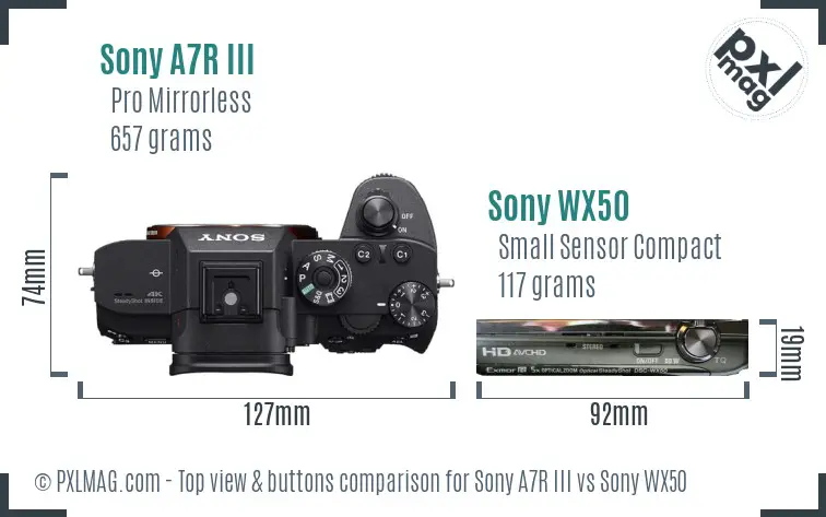 Sony A7R III vs Sony WX50 top view buttons comparison