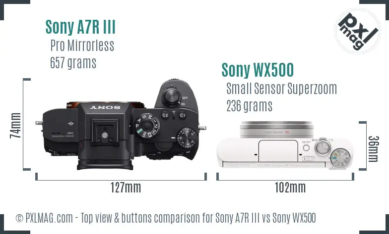 Sony A7R III vs Sony WX500 top view buttons comparison