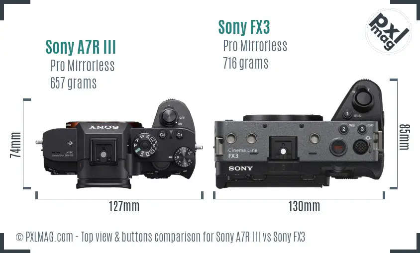 Sony A7R III vs Sony FX3 top view buttons comparison Sony A7R III vs Sony FX3 top view buttons comparison