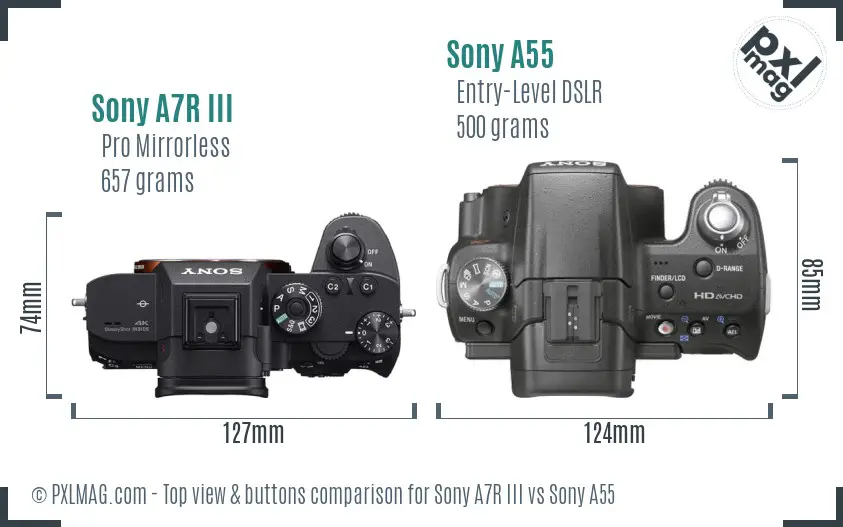 Sony A7R III vs Sony A55 top view buttons comparison