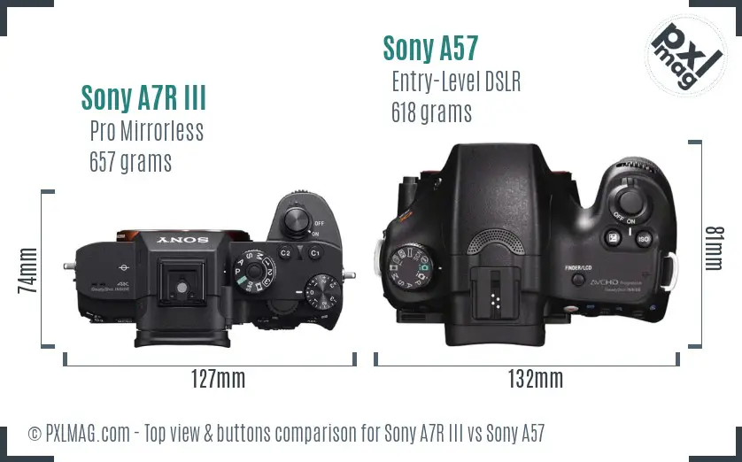 Sony A7R III vs Sony A57 top view buttons comparison
