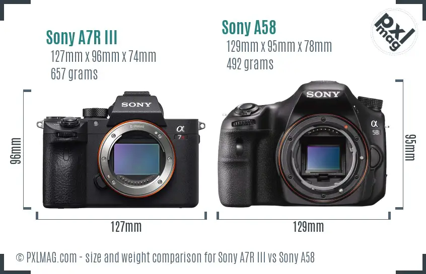 Sony A7R III vs Sony A58 size comparison