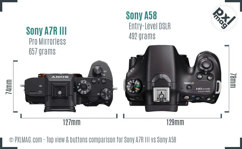 Sony A7R III vs Sony A58 top view buttons comparison