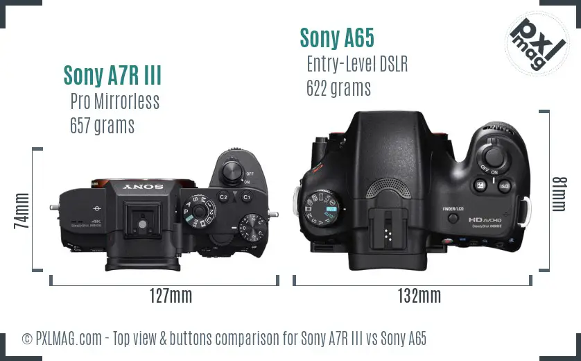 Sony A7R III vs Sony A65 top view buttons comparison