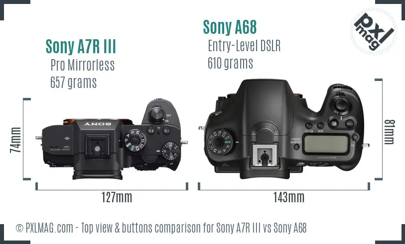Sony A7R III vs Sony A68 top view buttons comparison