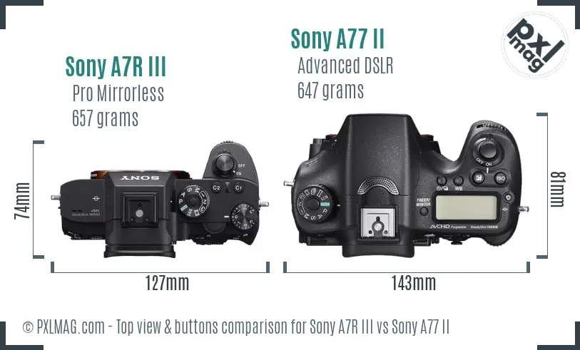Sony A7R III vs Sony A77 II top view buttons comparison