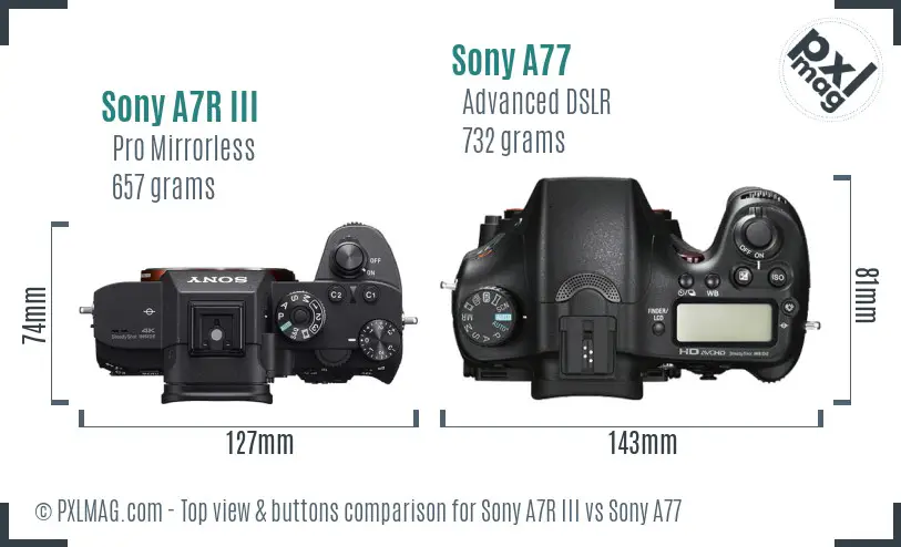 Sony A7R III vs Sony A77 top view buttons comparison