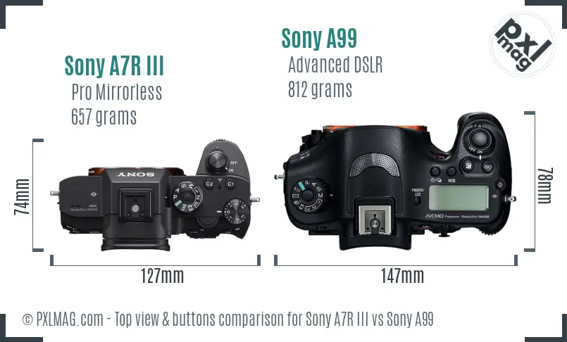 Sony A7R III vs Sony A99 top view buttons comparison