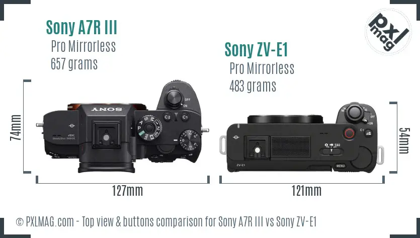 Sony A7R III vs Sony ZV-E1 top view buttons comparison