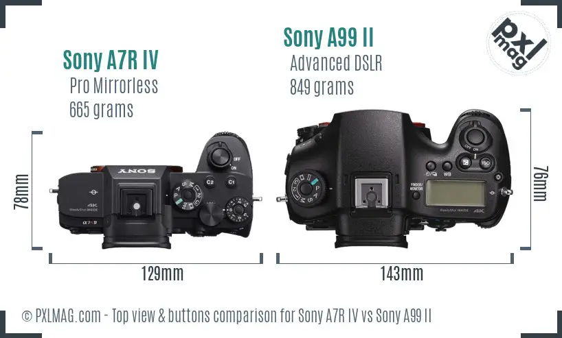 Sony A7R IV vs Sony A99 II top view buttons comparison