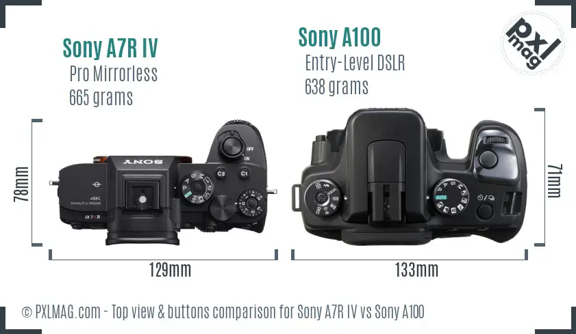 Sony A7R IV vs Sony A100 top view buttons comparison