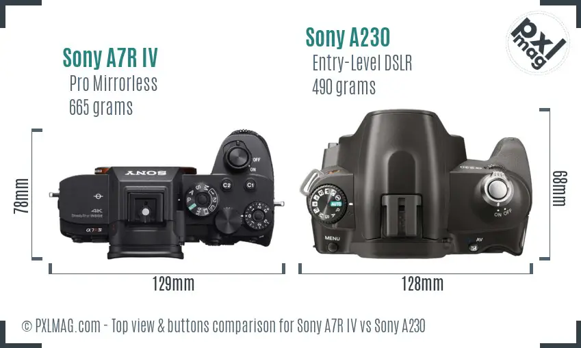 Sony A7R IV vs Sony A230 top view buttons comparison