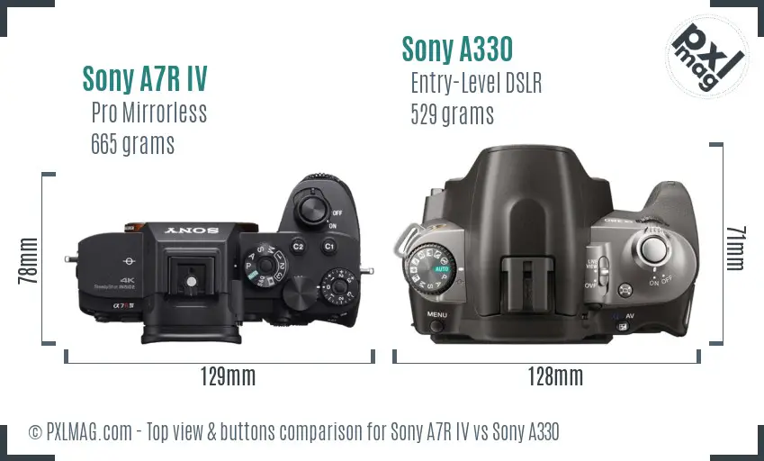 Sony A7R IV vs Sony A330 top view buttons comparison