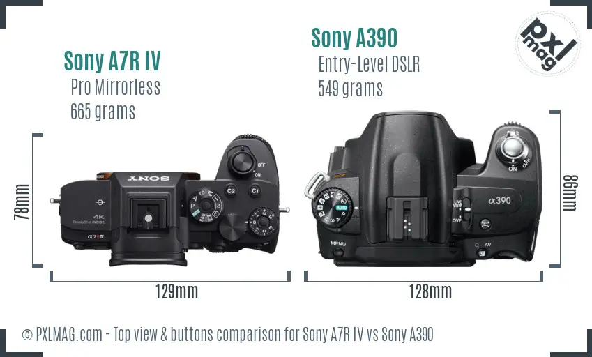 Sony A7R IV vs Sony A390 top view buttons comparison