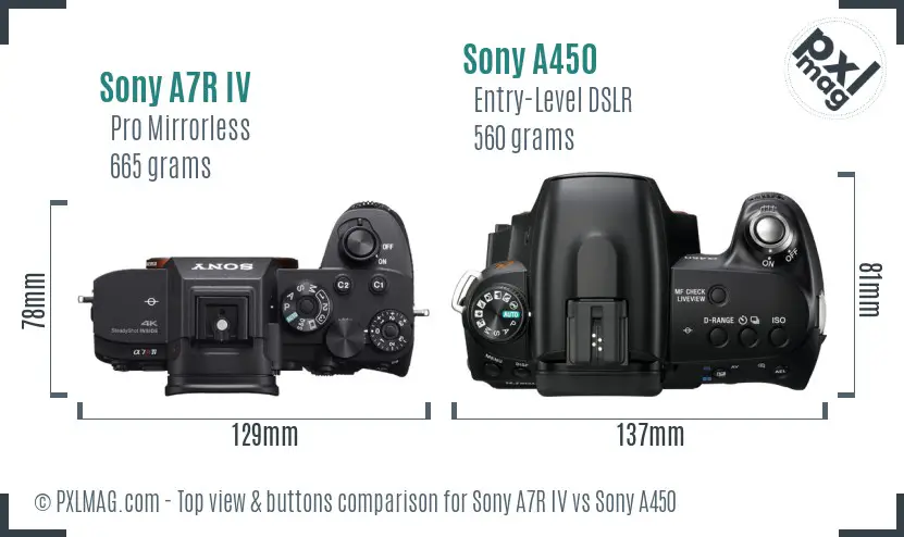 Sony A7R IV vs Sony A450 top view buttons comparison