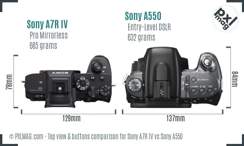 Sony A7R IV vs Sony A550 top view buttons comparison