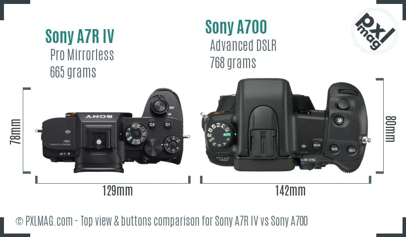 Sony A7R IV vs Sony A700 top view buttons comparison