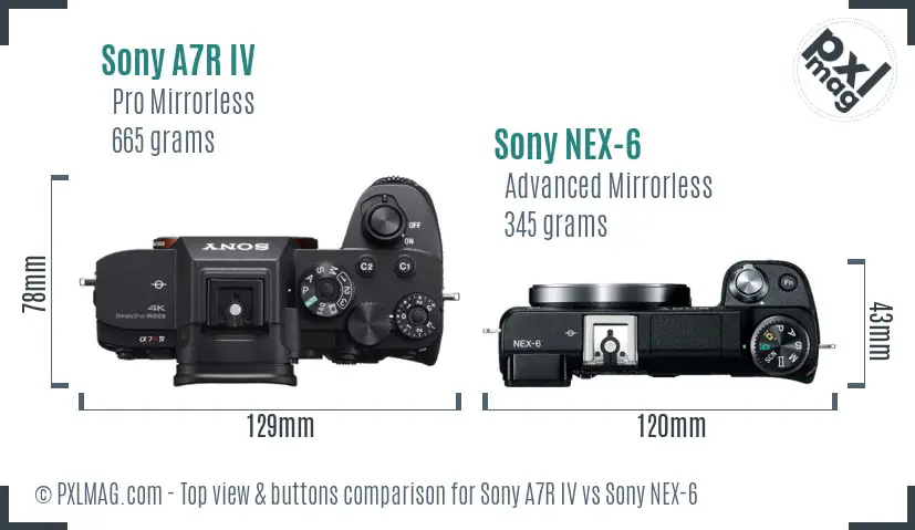 Sony A7R IV vs Sony NEX-6 top view buttons comparison