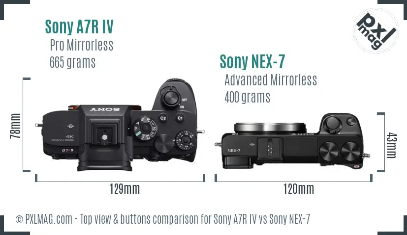 Sony A7R IV vs Sony NEX-7 top view buttons comparison