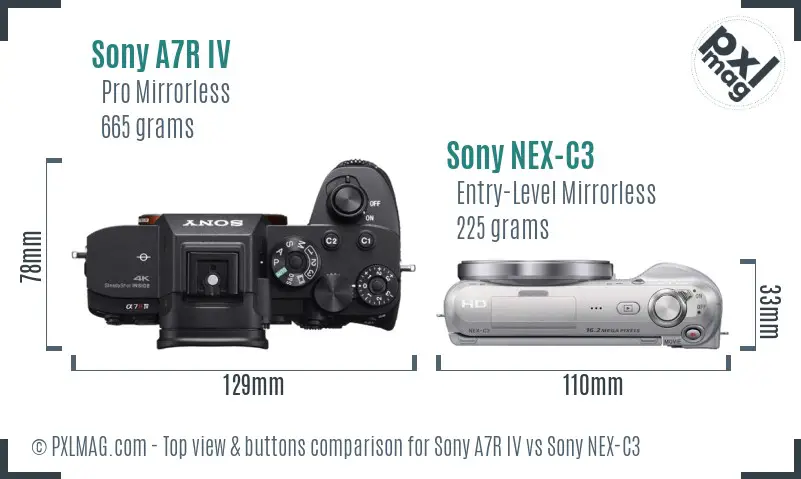 Sony A7R IV vs Sony NEX-C3 top view buttons comparison