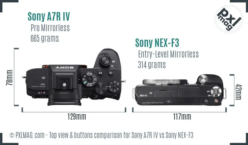 Sony A7R IV vs Sony NEX-F3 top view buttons comparison