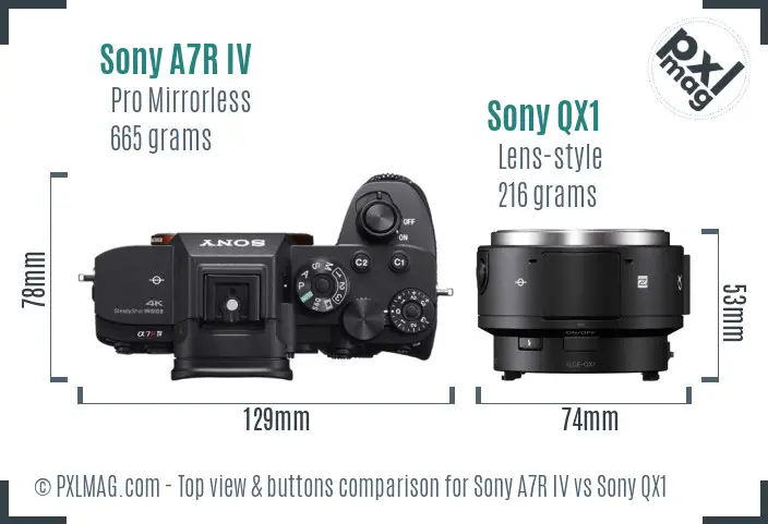 Sony A7R IV vs Sony QX1 top view buttons comparison