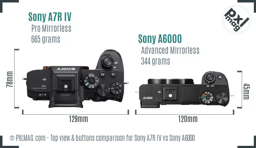 Sony A7R IV vs Sony A6000 top view buttons comparison