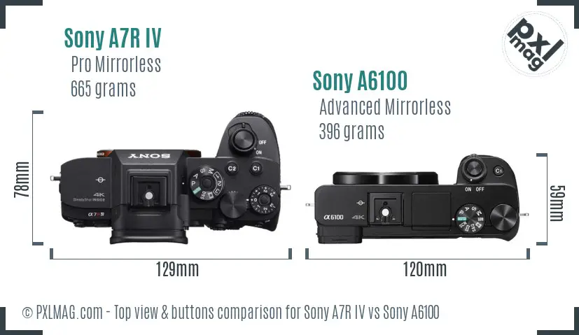 Sony A7R IV vs Sony A6100 top view buttons comparison