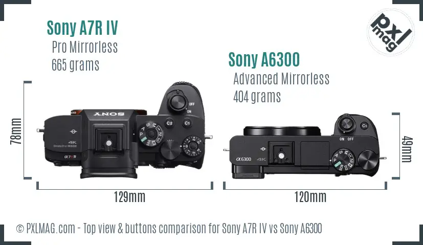 Sony A7R IV vs Sony A6300 top view buttons comparison
