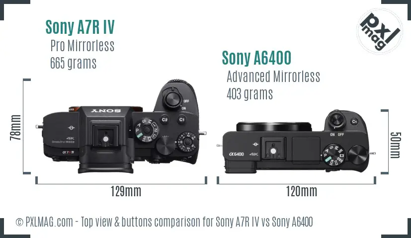 Sony A7R IV vs Sony A6400 top view buttons comparison