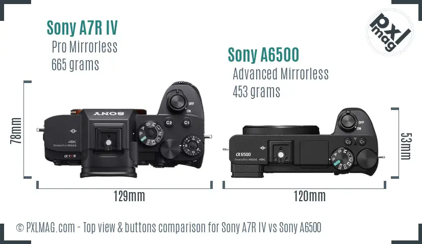 Sony A7R IV vs Sony A6500 top view buttons comparison