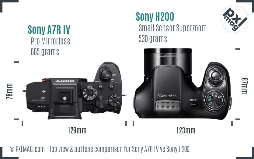 Sony A7R IV vs Sony H200 top view buttons comparison