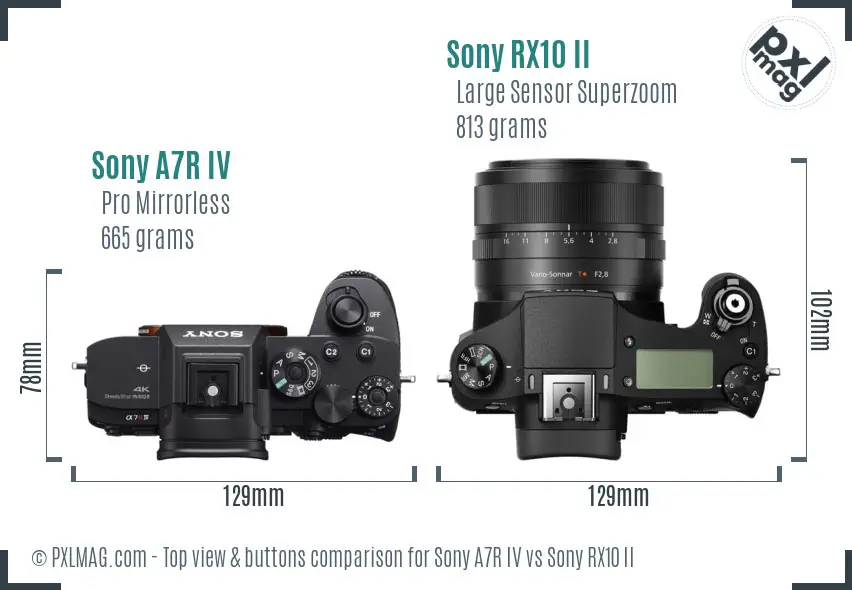 Sony A7R IV vs Sony RX10 II top view buttons comparison