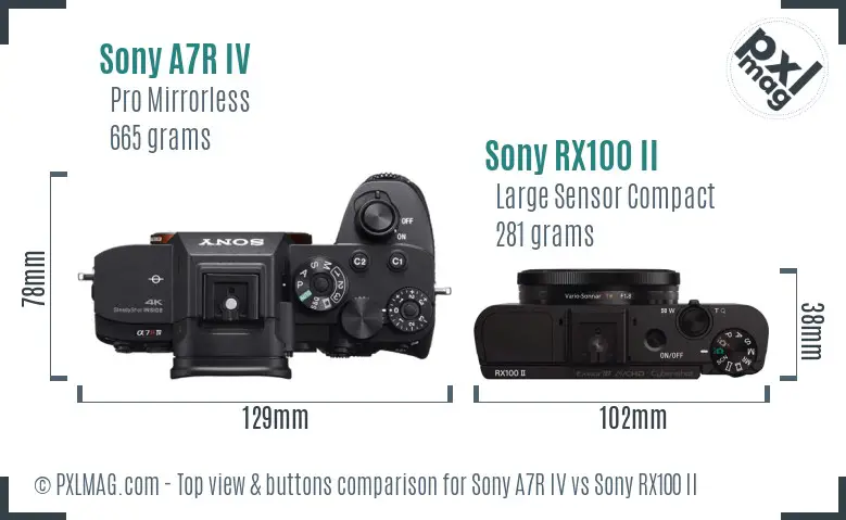 Sony A7R IV vs Sony RX100 II top view buttons comparison