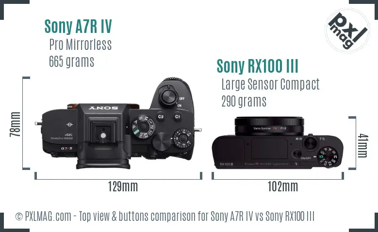 Sony A7R IV vs Sony RX100 III top view buttons comparison