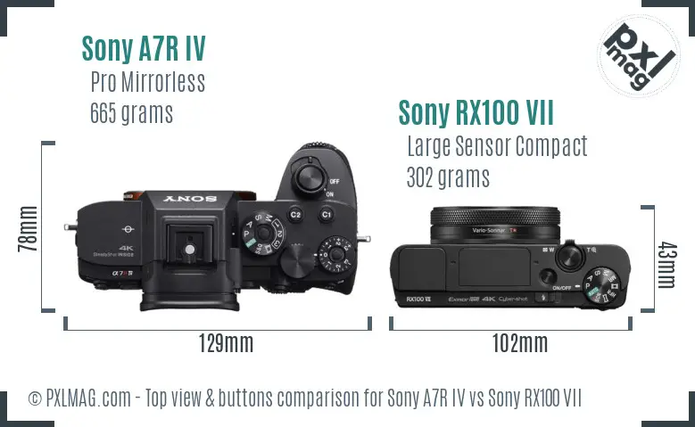 Sony A7R IV vs Sony RX100 VII top view buttons comparison